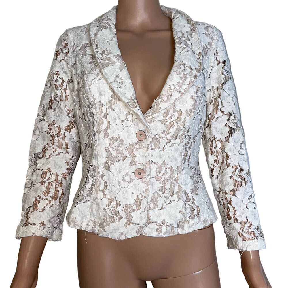 Cabi blazer jacket nude white lace overlay double button career business SZ 6